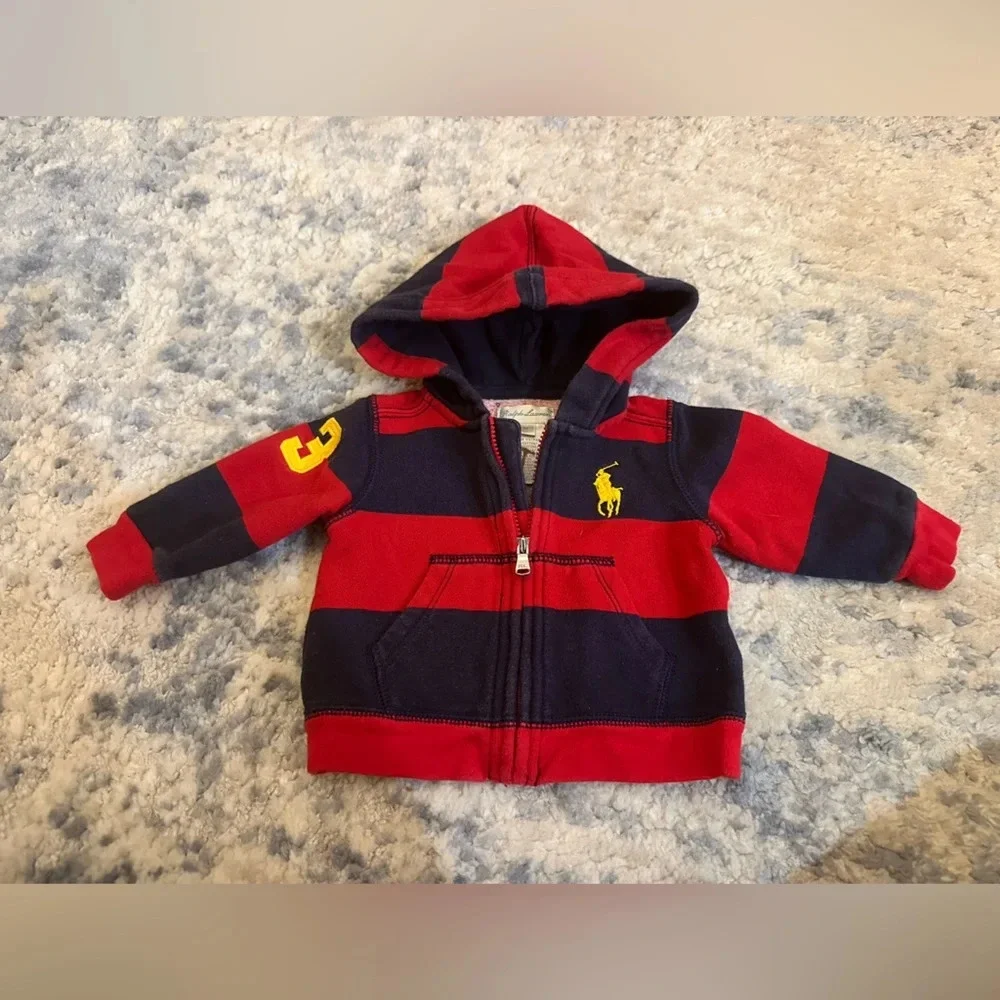 Ralph Lauren Baby Red Navy Stripe Zip Hoodie Big Pony Logo Preppy Size 3M